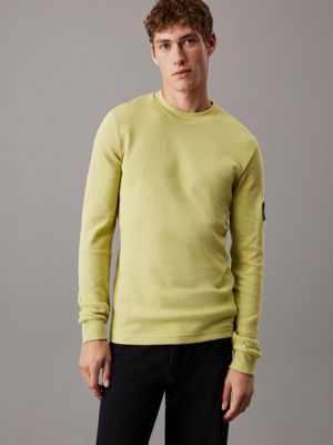 desaturated yellow slim long sleeve waffle t-shirt for men calvin klein jeans