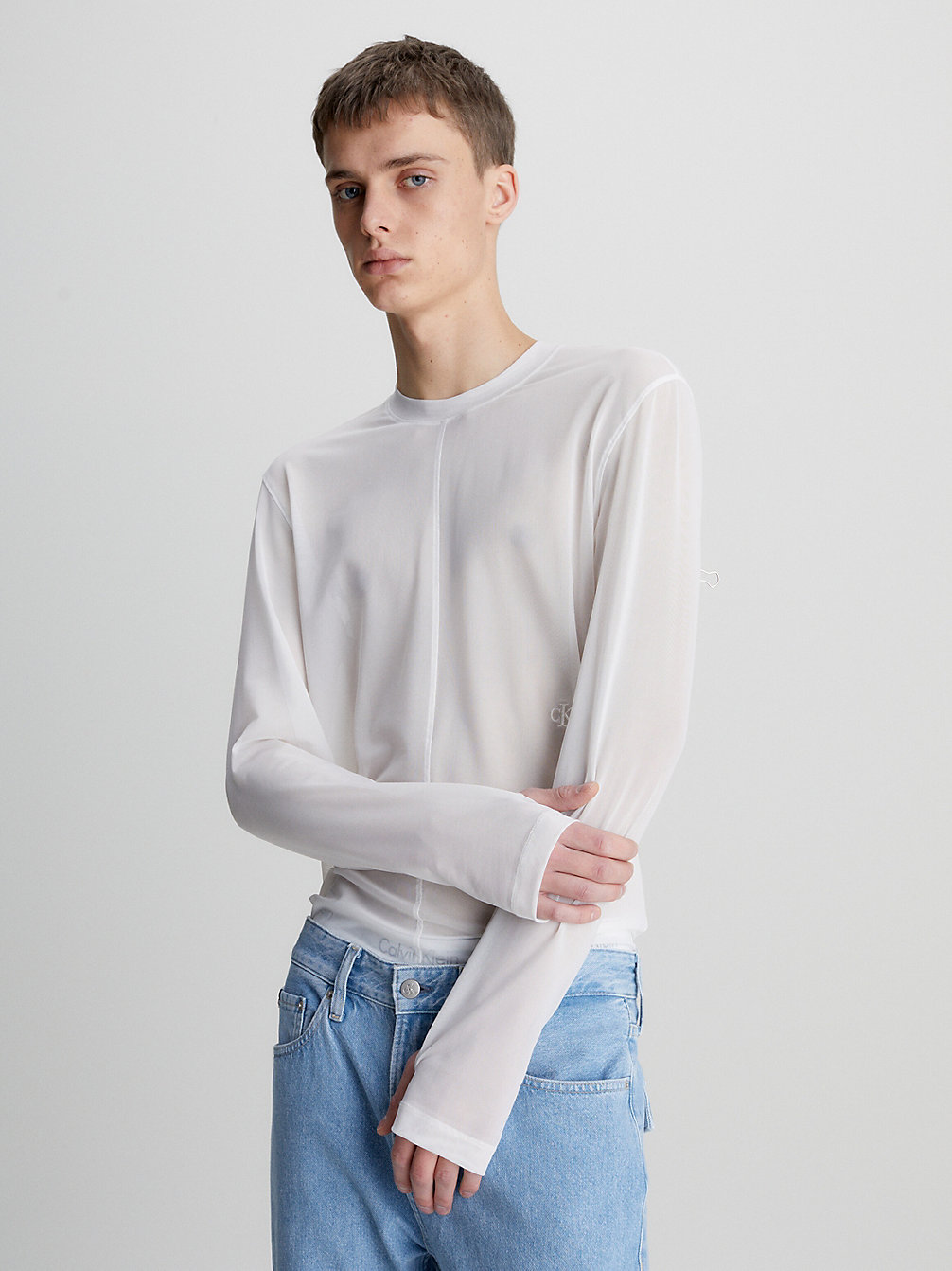 BRIGHT WHITE Slim Mesh Long Sleeve Top undefined men Calvin Klein