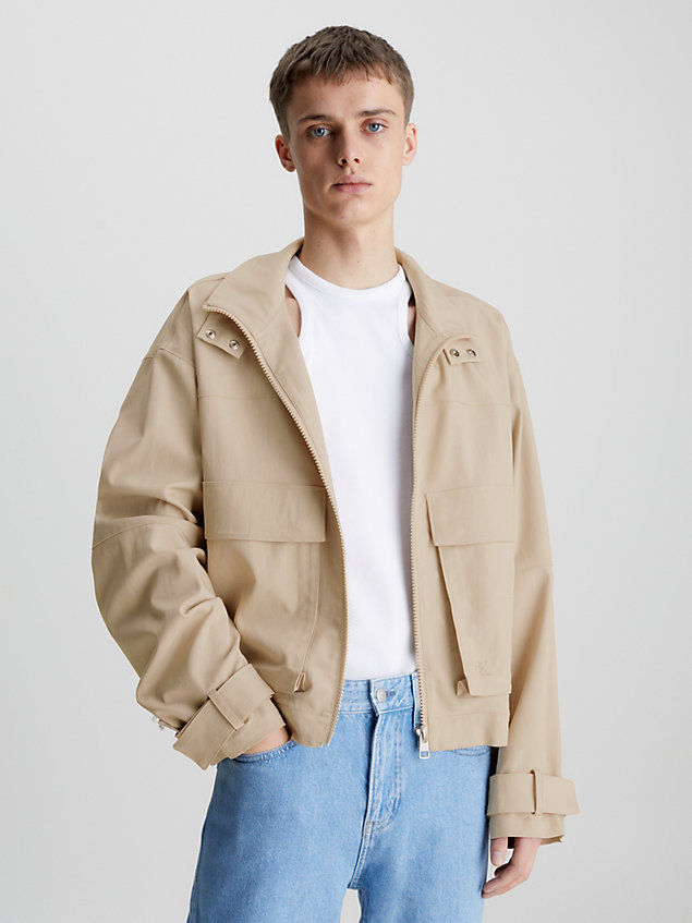 beige oversized zip up shirt jacket for men calvin klein jeans