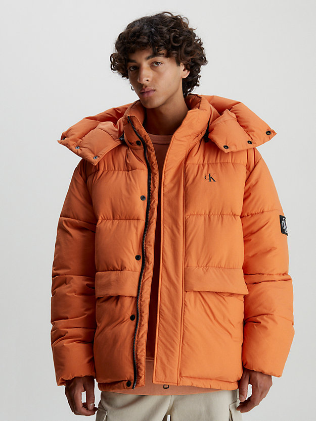 burnt clay relaxed puffer jacket for men calvin klein jeans