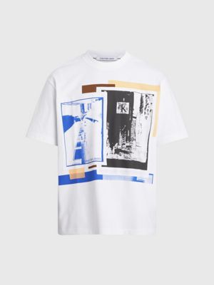 white t-shirt oversize z aplikacją z logo dla mężczyźni - calvin klein jeans