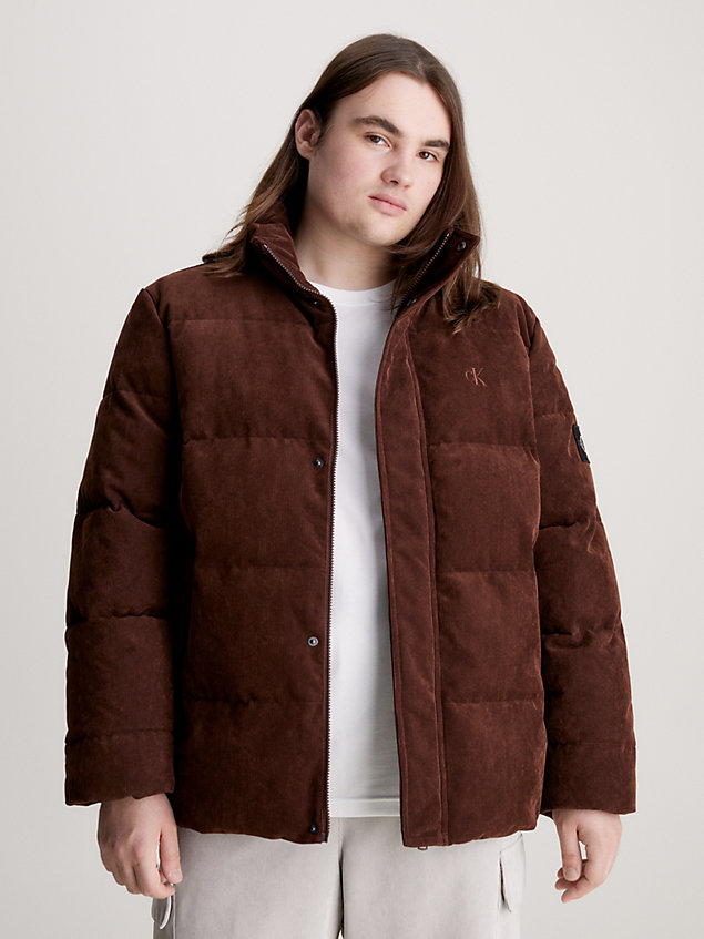 brown sztruksowa kurtka puchowa oversize dla mężczyźni - calvin klein jeans
