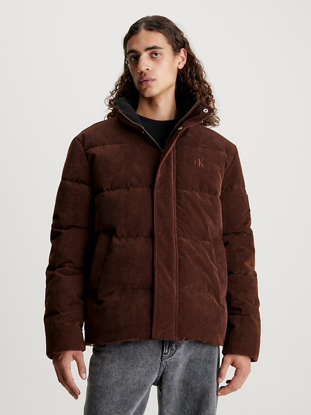 brown oversized corduroy puffer jacket for men calvin klein jeans