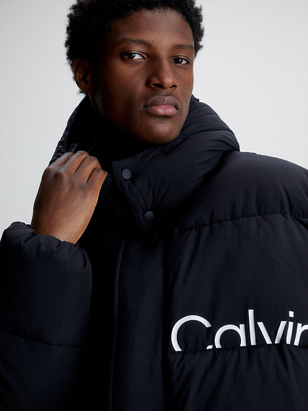 black crinkle nylon long puffer coat for men calvin klein jeans
