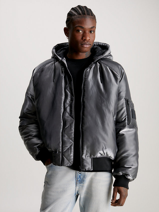 black liquid metal hooded bomber jacket for men calvin klein jeans