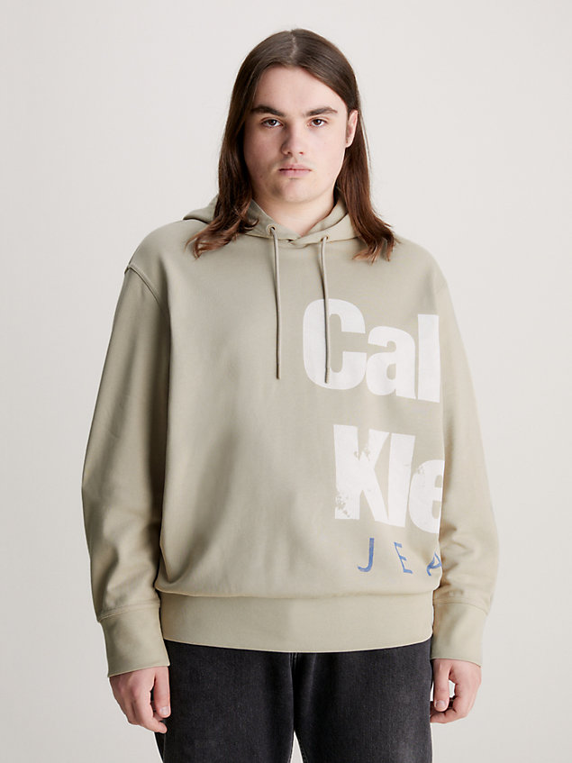 beige relaxed cotton logo hoodie for men calvin klein jeans