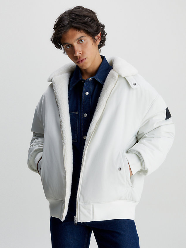 white reversible sherpa bomber jacket for men calvin klein jeans