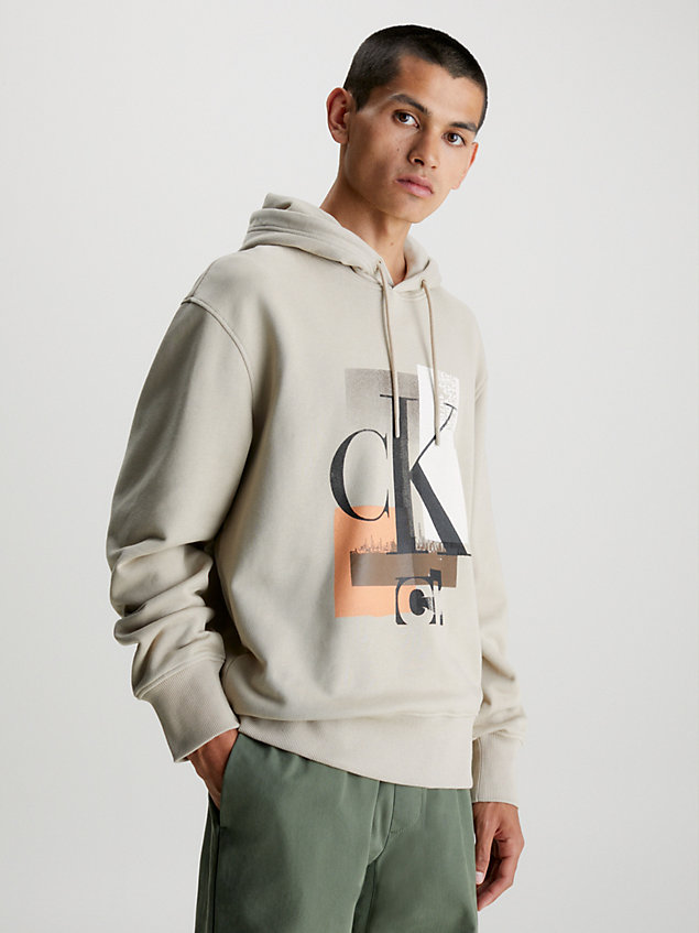 beige relaxed cotton logo hoodie for men calvin klein jeans