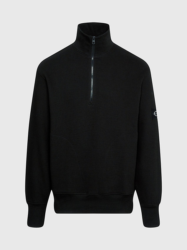 black sweatshirt met halsrits van wafelkatoen voor heren - calvin klein jeans