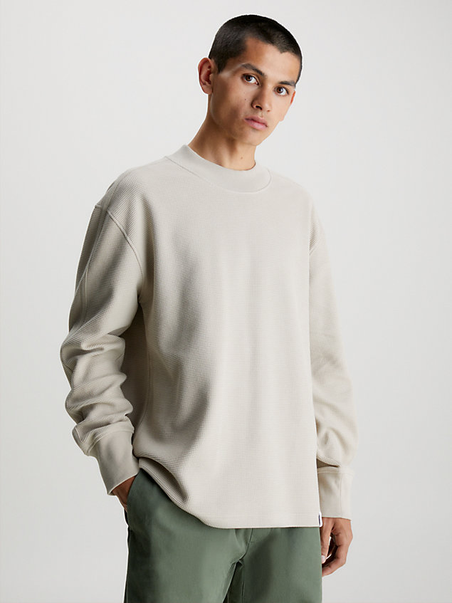 beige relaxed long sleeve waffle t-shirt for men calvin klein jeans