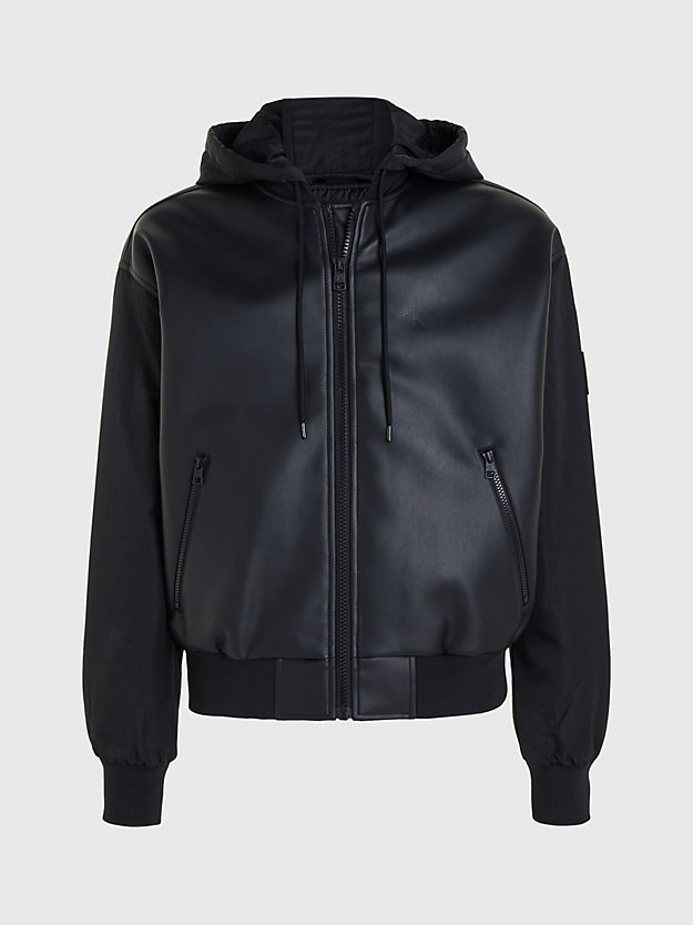 ck black faux leather hooded bomber jacket for men calvin klein jeans