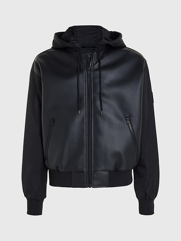 black faux leather hooded bomber jacket for men calvin klein jeans