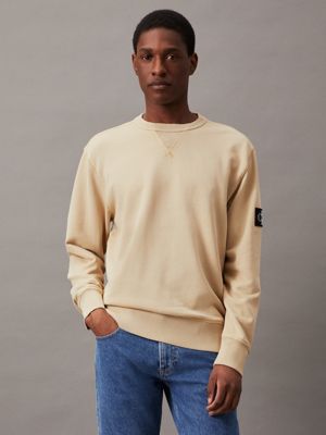 khaki washed cotton badge sweatshirt for men calvin klein jeans