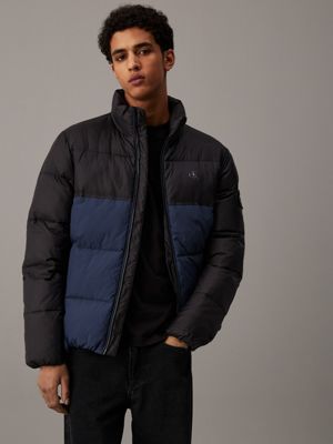 blue colour block puffer jacket for men calvin klein jeans