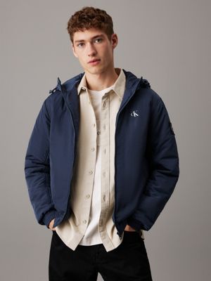 blue padded hooded nylon jacket for men calvin klein jeans