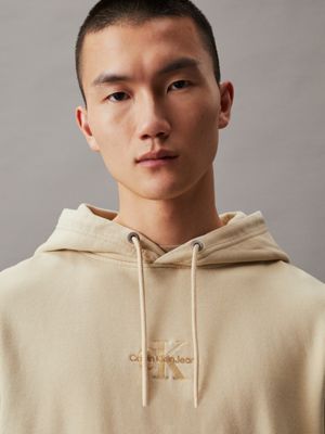 pale khaki washed cotton monogram hoodie for men calvin klein jeans