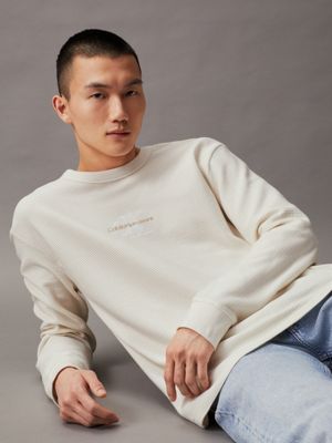 ivory relaxed long sleeve waffle t-shirt for men calvin klein jeans