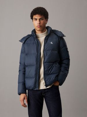 blue hooded down puffer jacket for men calvin klein jeans