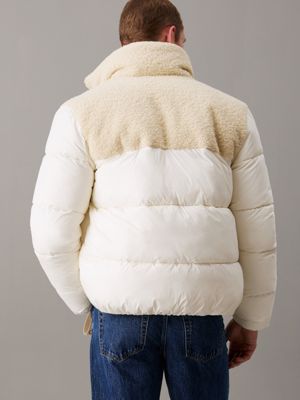 ivory material mix sherpa puffer jacket for men calvin klein jeans