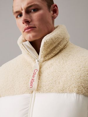 ivory material mix sherpa puffer jacket for men calvin klein jeans