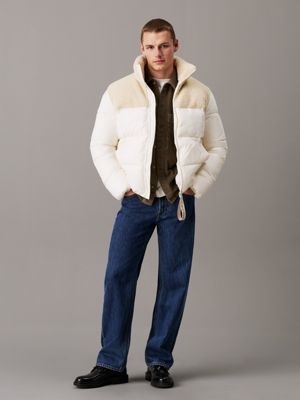 ivory material mix sherpa puffer jacket for men calvin klein jeans