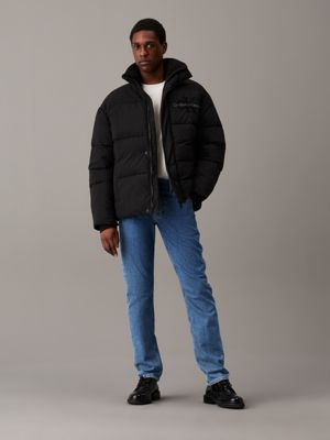 ck black oversized chenille logo puffer jacket for men calvin klein jeans