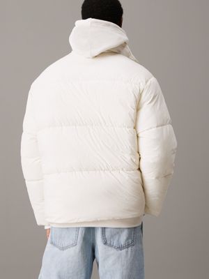 ivory oversized chenille logo puffer jacket for men calvin klein jeans