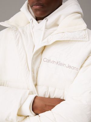 ivory oversized chenille logo puffer jacket for men calvin klein jeans