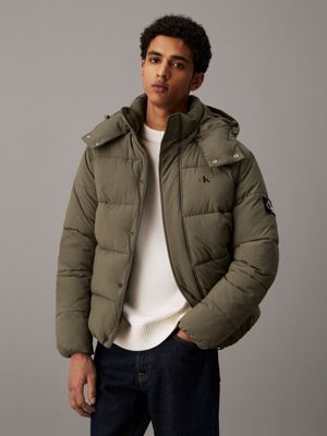 grey crinkle nylon hooded puffer jacket for men calvin klein jeans