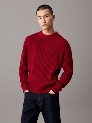 red relaxed ribbed cotton jumper for men calvin klein jeans