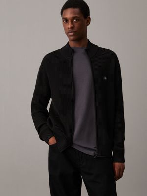 black ribbed cotton zip up cardigan for men calvin klein jeans