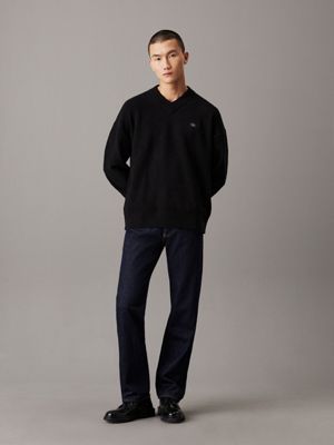 ck black cotton bouclé v-neck jumper for men calvin klein jeans