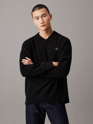 black cotton bouclé v-neck jumper for men calvin klein jeans