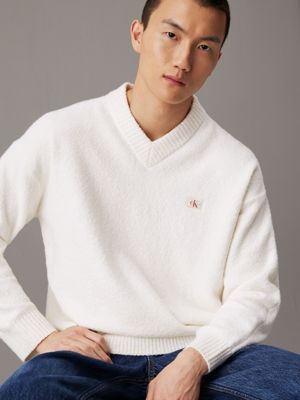 ivory cotton bouclé v-neck jumper for men calvin klein jeans