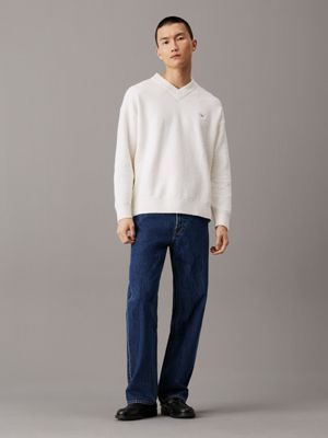 ivory cotton bouclé v-neck jumper for men calvin klein jeans