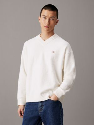 white cotton bouclé v-neck jumper for men calvin klein jeans