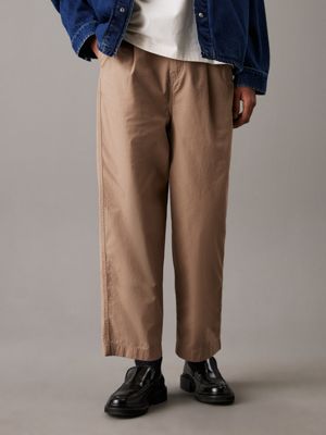 taupe relaxed cropped cotton trousers for men calvin klein jeans