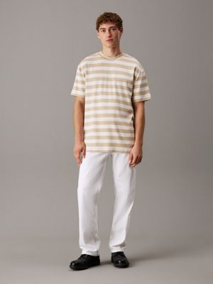 pale khaki / ivory striped relaxed stripe rib t-shirt for men calvin klein jeans