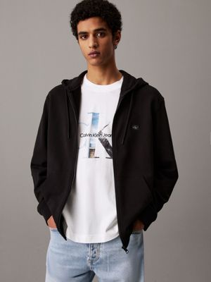 black cotton terry zip up hoodie for men calvin klein jeans