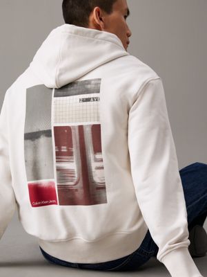 ivory relaxed back print hoodie for men calvin klein jeans