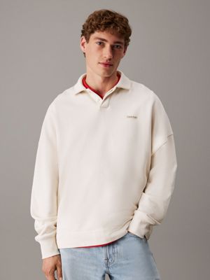 white cotton terry polo sweatshirt for men calvin klein jeans