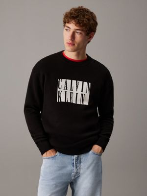 black cotton intarsia logo jumper for men calvin klein jeans