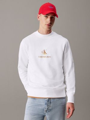 white cotton terry logo sweatshirt for men calvin klein jeans