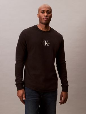 black plus size long sleeve waffle t-shirt for men calvin klein jeans