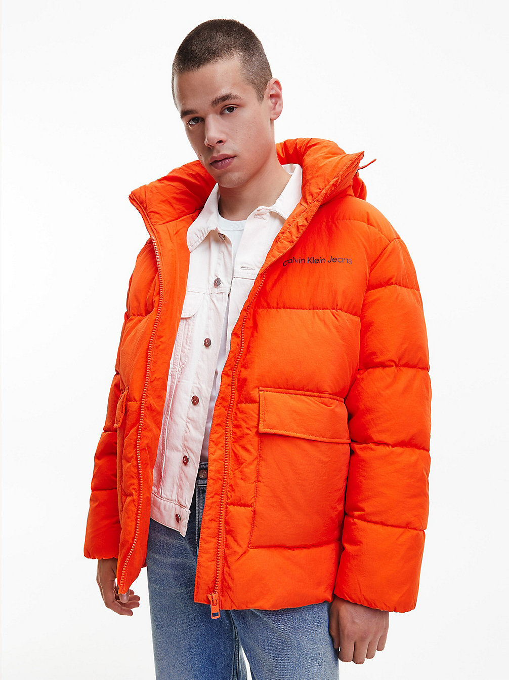 CORAL ORANGE Unisex Recycled Nylon Puffer Jacket undefined unisex Calvin Klein