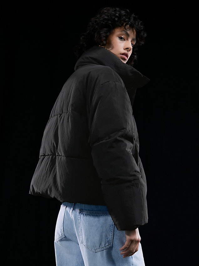 black unisex cropped puffer jacket for unisex calvin klein jeans