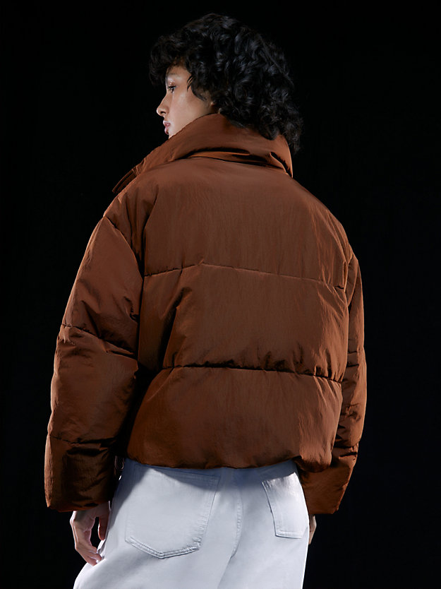 chestnut brown unisex cropped puffer jacket for unisex calvin klein jeans
