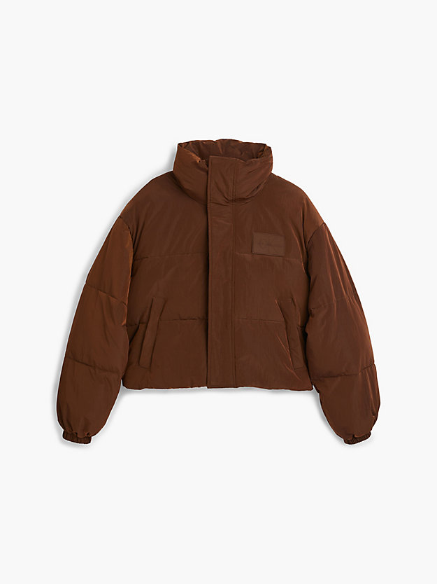 chestnut brown unisex cropped puffer jacket for unisex calvin klein jeans