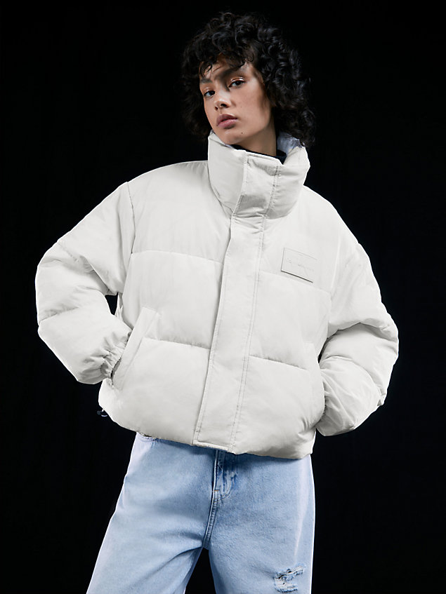 grey unisex cropped puffer jacket for unisex calvin klein jeans