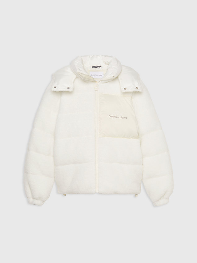 white unisex sherpa puffer jacket for unisex calvin klein jeans